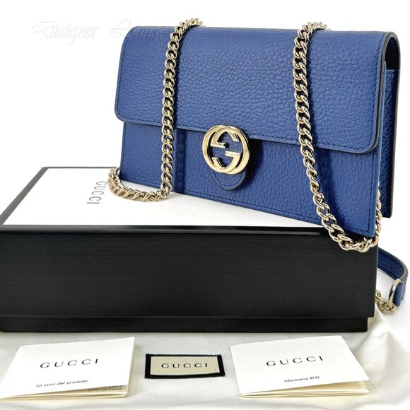 SOLD! NEW GUCCI Interlocking GG Blue Leather Crossbody Wallet On Chain Bag - Picture 2 of 15